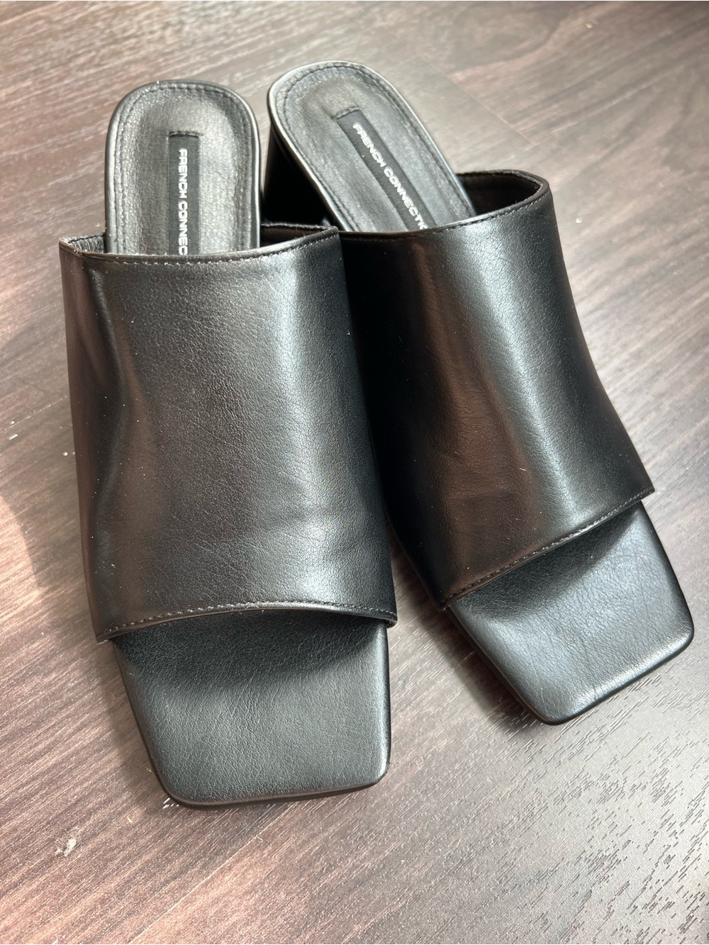 French Connection Black Square-Toe Slide Mules